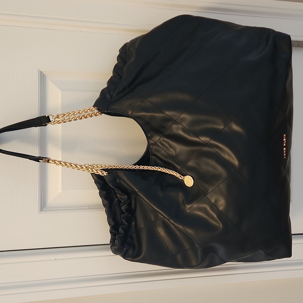 Anne Klein XL Black Quilted Tote with Gold Chain